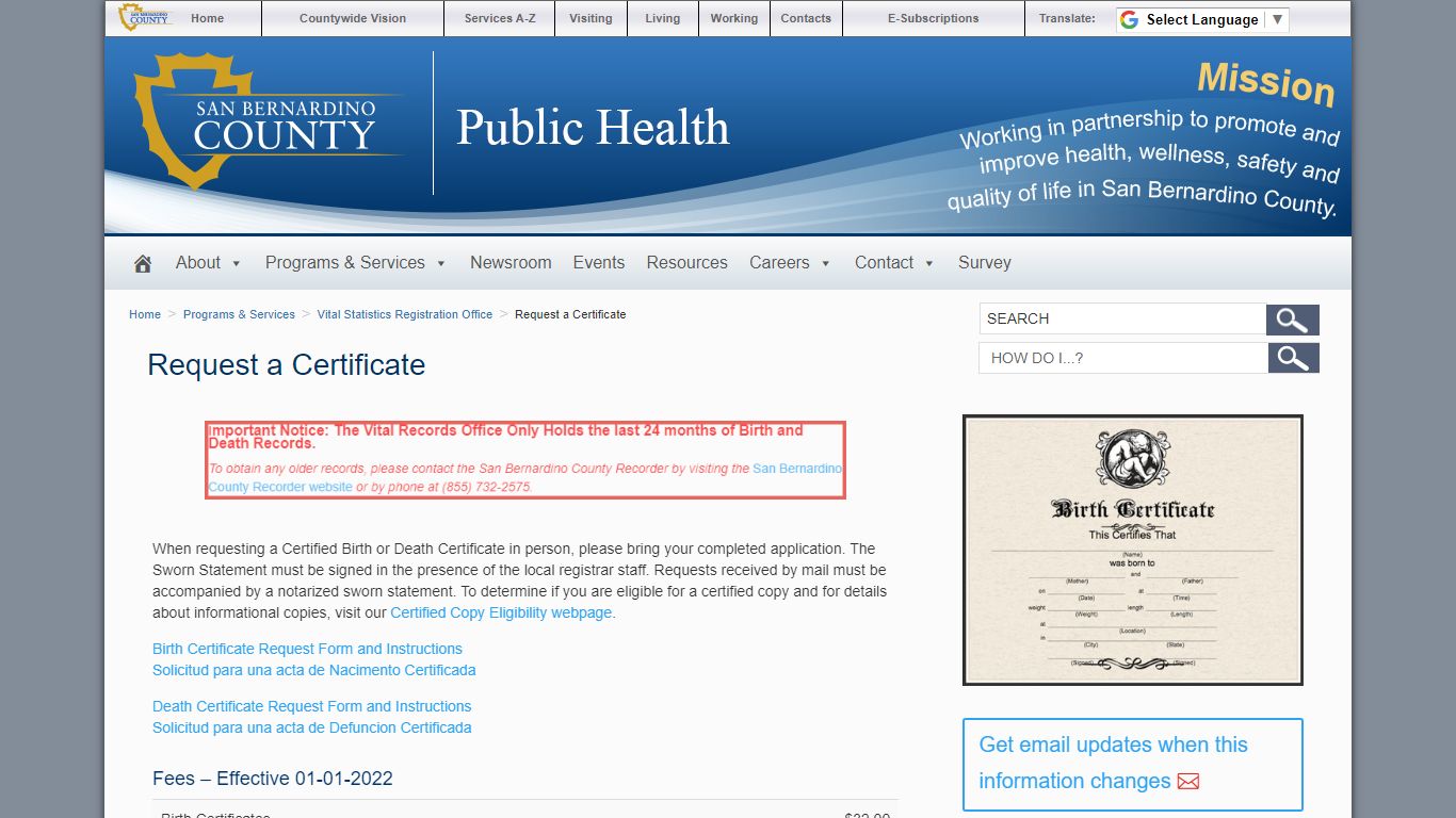 Request a Certificate | Department of Public Health